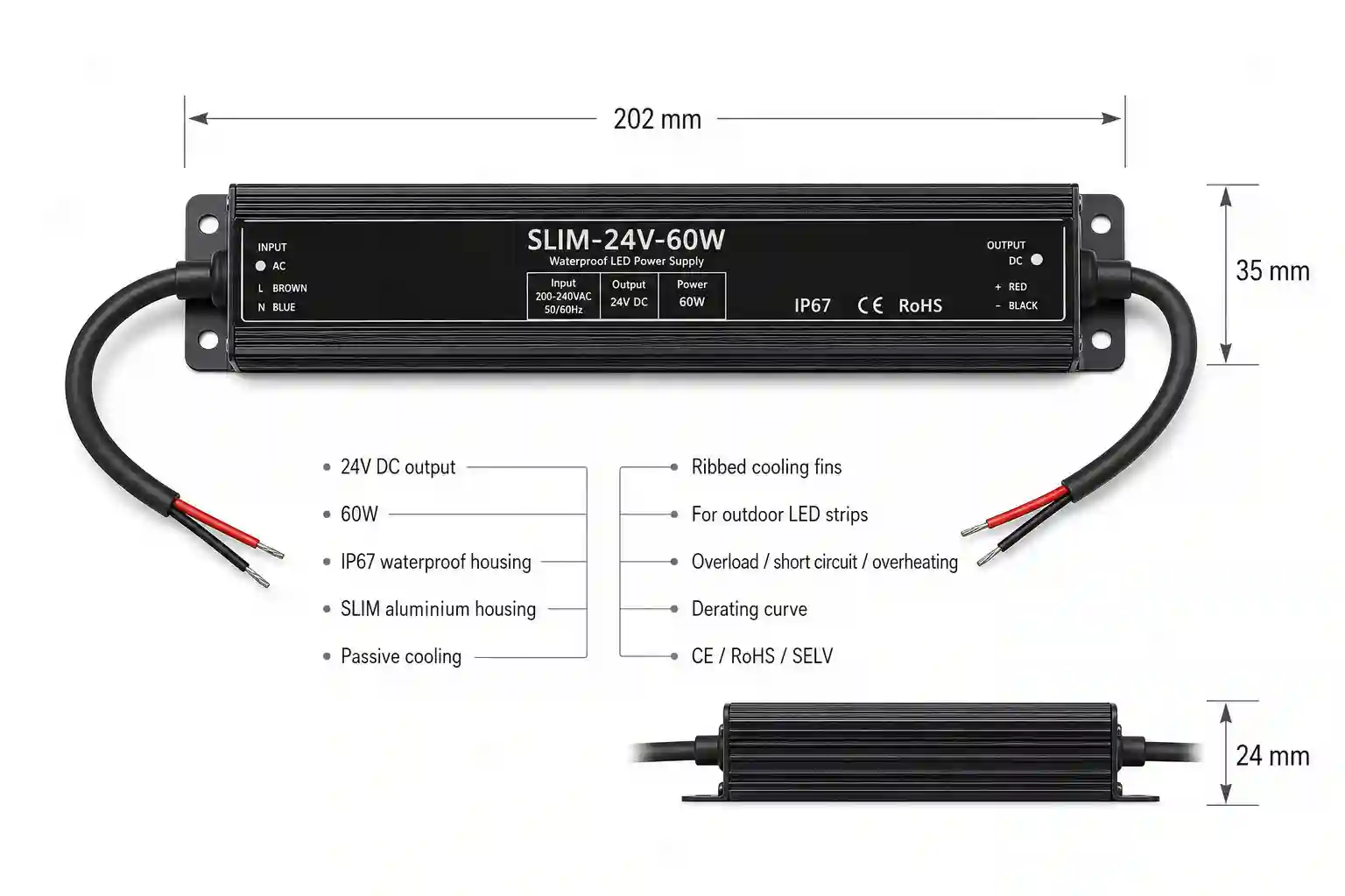 Rozměry a certifikace voděodolného SLIM LED zdroje 24V 60W IP67 202x35x24mm CE RoHS SELV pro LED pásky